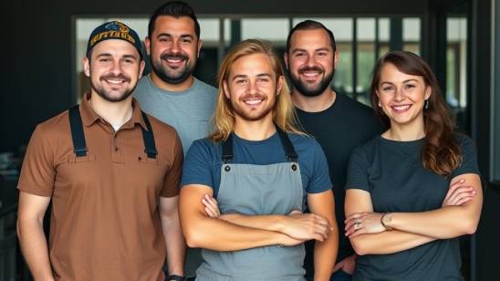 Diverse small business owners smiling together, celebrating success.