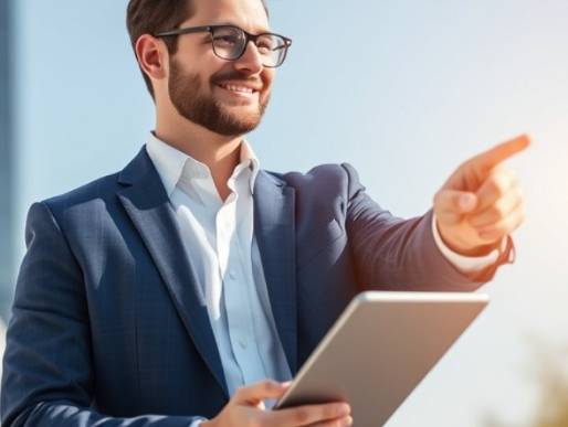 Happy business guy holding a tablet, pointing to the right with enthusiasm.