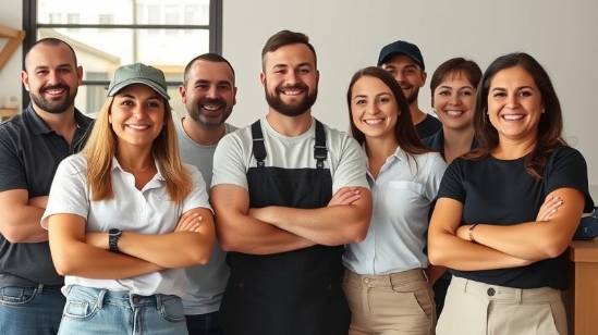 Diverse small business owners smiling together: plumber, realtor, fitness coach.